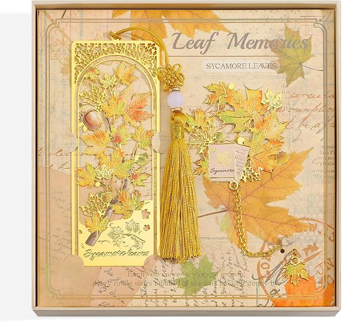 icceemee 2PCS Maple Leaf Theme Bookmark, Cute Bookmark for Women with Hollow-Out Square & Irregular Design, Natural Tassel Book Marks Set in Gift Box, for Book Lovers