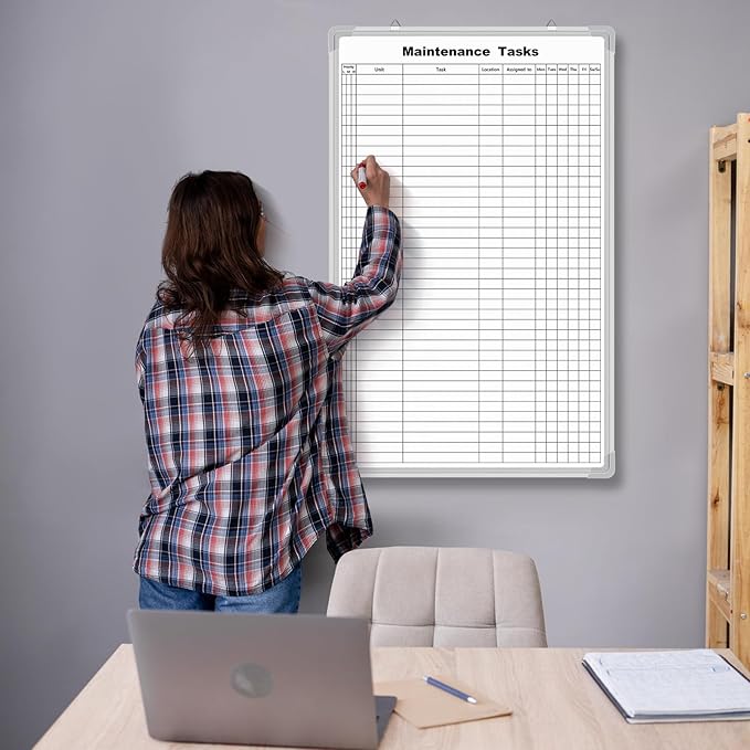 AmazingSpark Lined Whiteboard Blank Grid Aluminum Frame Dry Erase Board Reusable Wall Mounted Board for Scheduling, to Do Lists Weekly Planning Home Work(36 x 24 Inch,Vertical Maintenance Tasks)
