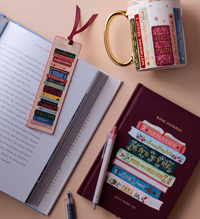 RIFLE PAPER CO. Ladies Night Book Club Bookmark, 1.75" W x 6" L, Illustrated Stack of Classic Titles, Saffiano Polyurethane, Grosgrain Ribbon, Wipe-Clean