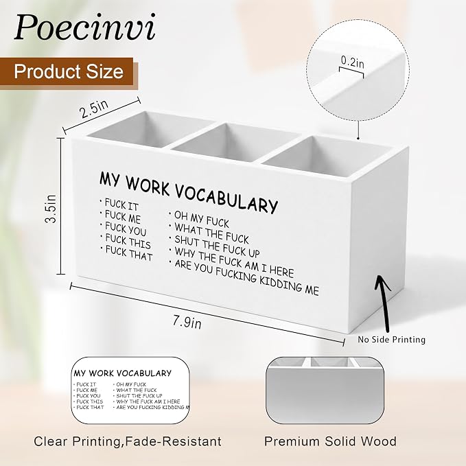 Minimalist Funny Pen Holder for Home Office Desk, Funny Office Gifts for Coworkers, My Work Vocabulary Humorous Wooden Box Sign Pencil Holder for Desk Shelf Organizer