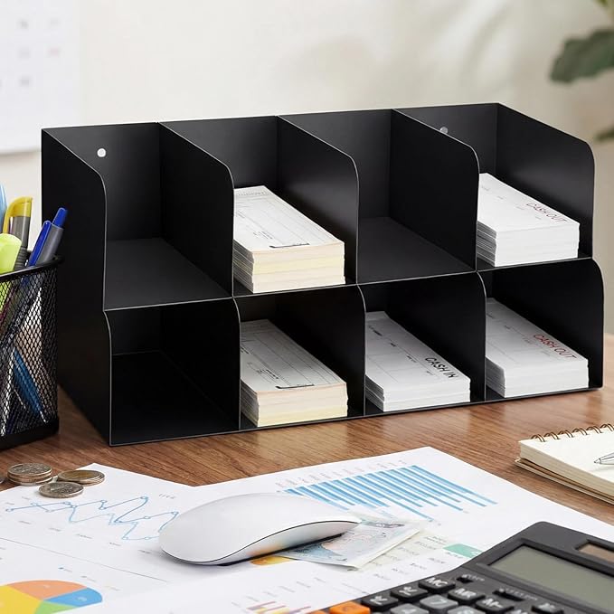 Gisafai Metal Check Sorter Organizer 8 Pocket, 2 Tier Black Iron Document Holder, 16 x 8 x 7.5 Inch, Wall Mountable, Heavy Duty Countertop Receipt Storage Rack for Bank, Office, Retail, Restaurant