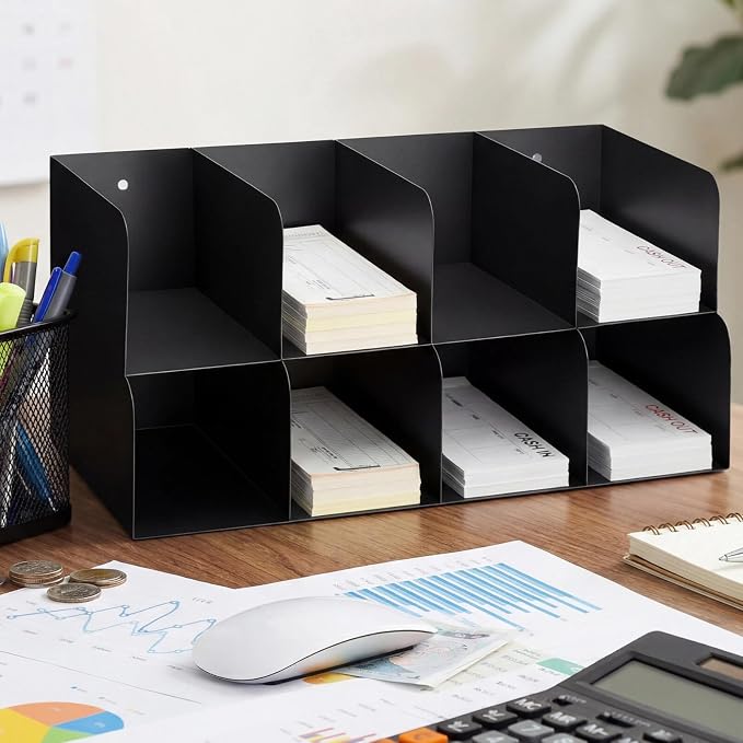 Gisafai Metal Check Sorter Organizer 8 Pocket, 2 Tier Black Iron Document Holder, 16 x 8 x 7.5 Inch, Wall Mountable, Heavy Duty Countertop Receipt Storage Rack for Bank, Office, Retail, Restaurant