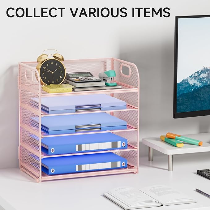 5-Tier Stackable Paper Organizer with Handle, Pink Metal Mesh Letter Tray | Stylish Desk File Sorter for Office, Home & Classroom Supplies