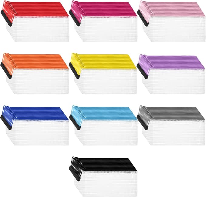 100 Pack Pencil Pouch Bulk Operation Christmas Mesh Zipper Storage Cases Gifts-A6 File Bag Clear Pencil Pouches Multipurpose Toiletry Cosmetics Bags for Office Bill Travel 9.5'' x 4.5''(10 Colors)