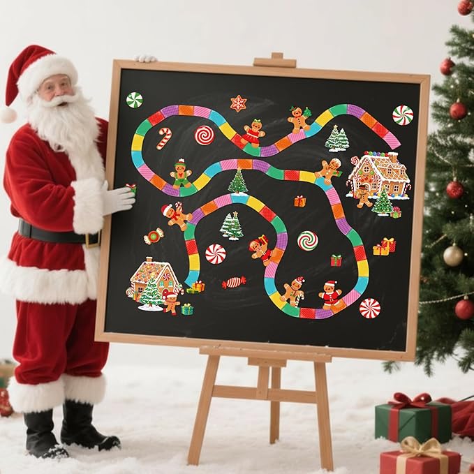 Christmas Bulletin Board Set Gingerbread Man Classroom Decorations - Candy Track Gingerbread House Xmas Tree Cookie and Gift Box Cutouts for Home Wall Door Decor Office Holiday Display