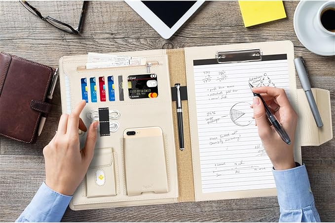 Toplive Blue A4/Letter Size Business Padfolio with Clipboard, Document Sleeve, Card Holders & Organizers