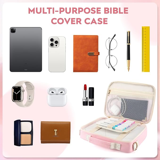 Bible Cover Case for Women Grils, Preppy Bible Bag with Adjustable Shoulder Strap, Waterproof Bible Carrying Tote Bags Holder for Bible Study Supplies Accessories & Christian Gifts (Light Pink)