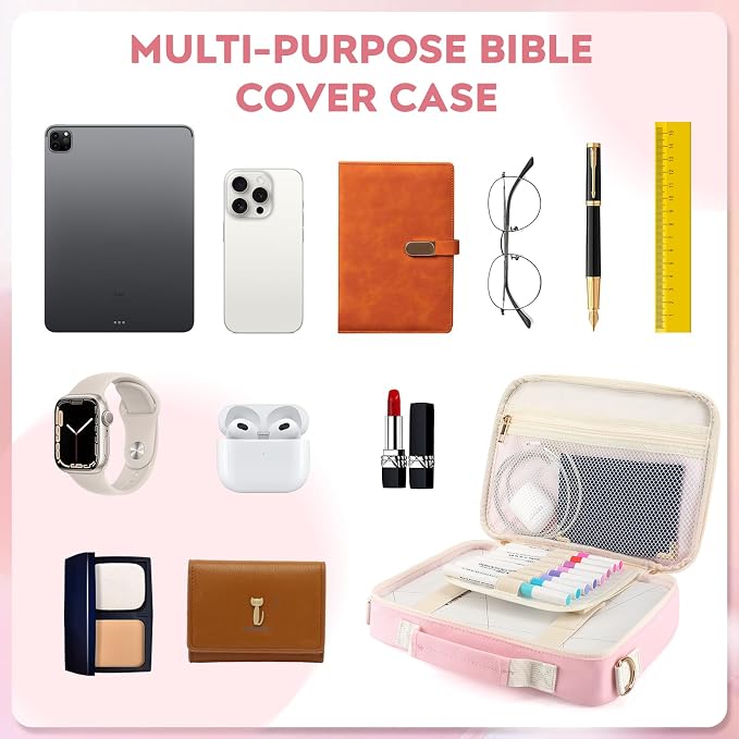 Bible Cover Case for Women Grils, Preppy Bible Bag with Adjustable Shoulder Strap, Waterproof Bible Carrying Tote Bags Holder for Bible Study Supplies Accessories & Christian Gifts (Light Pink)