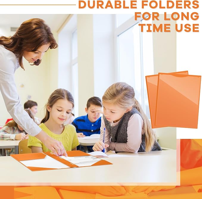Henoyso 72 Pcs Plastic Folder with Clear Front Pocket and 3 Prong Plastic Folders with Card Slot Pocket Folders with Prongs for School Office (Orange)