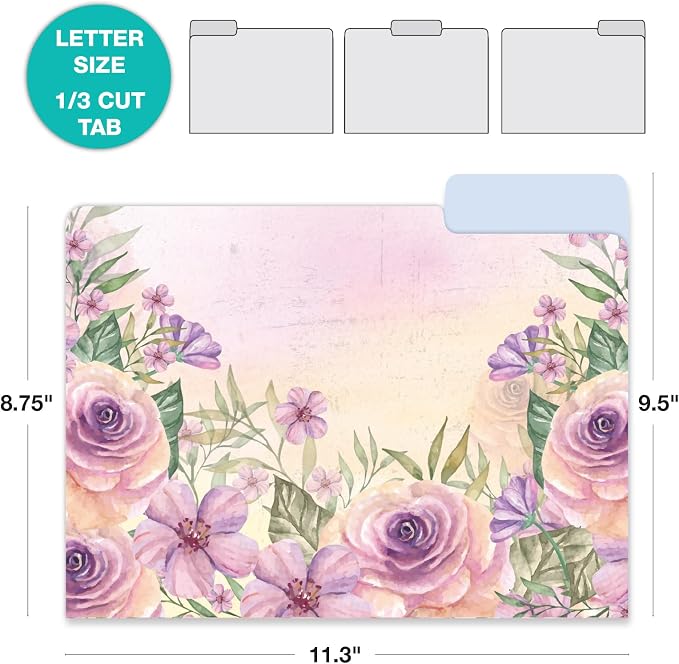 Global Printed Products Deluxe Designer Printed File Folders, 1/3 Cut Tab, Assorted Positions, Letter Size, 24/pk (Watercolor Floral)