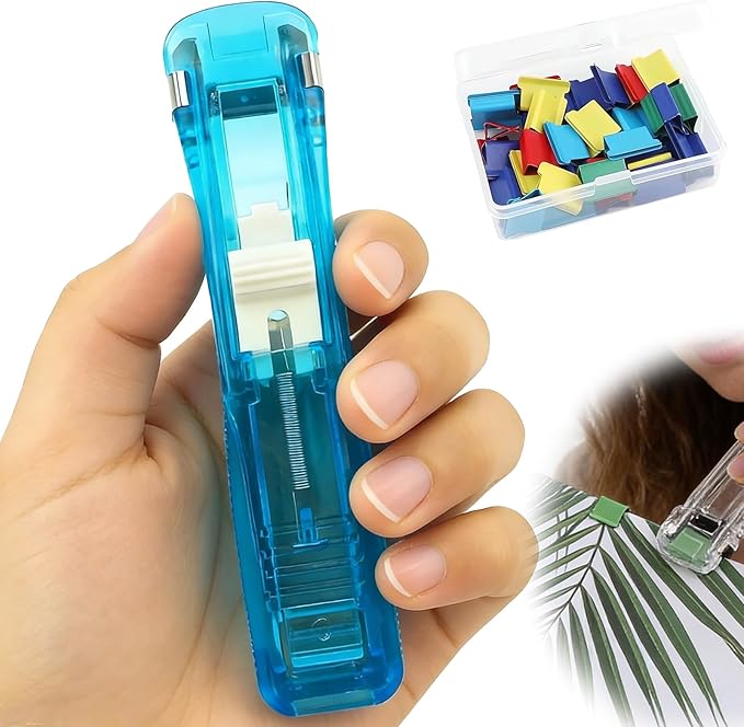 Portable Binder Clip Stapler,Includes 50 Reusable Clips Desktop Push Stapler Binder Clips Paper Clamps,Desktop Document Organizer for Home School Office (Blue)