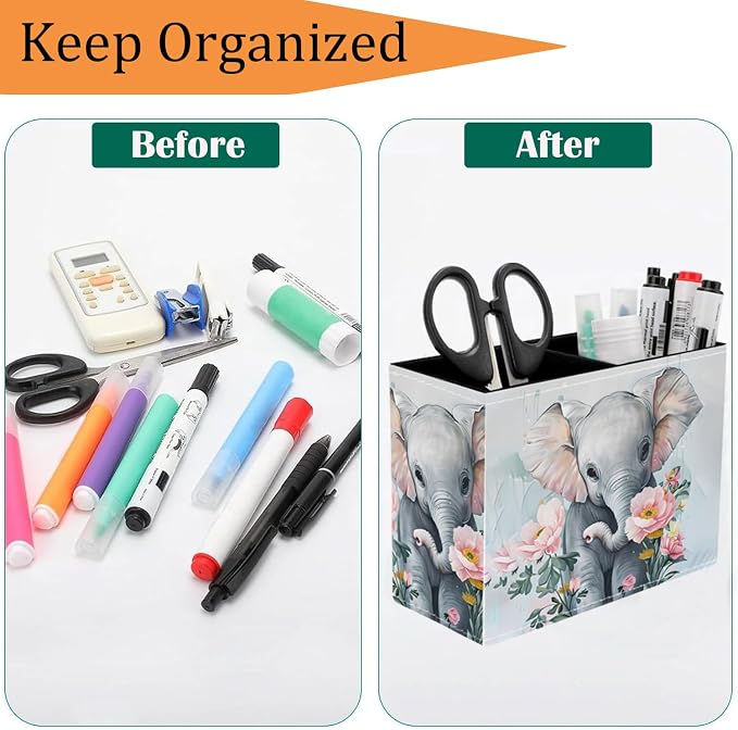 Pen Holder for Desk, PU Leather Multifunctional Desktop Storage Box and Anti-Slip Mouse Pad Set, Makeup Brush Holder Pen Organizer for Office and Home - Little Elephant Flower