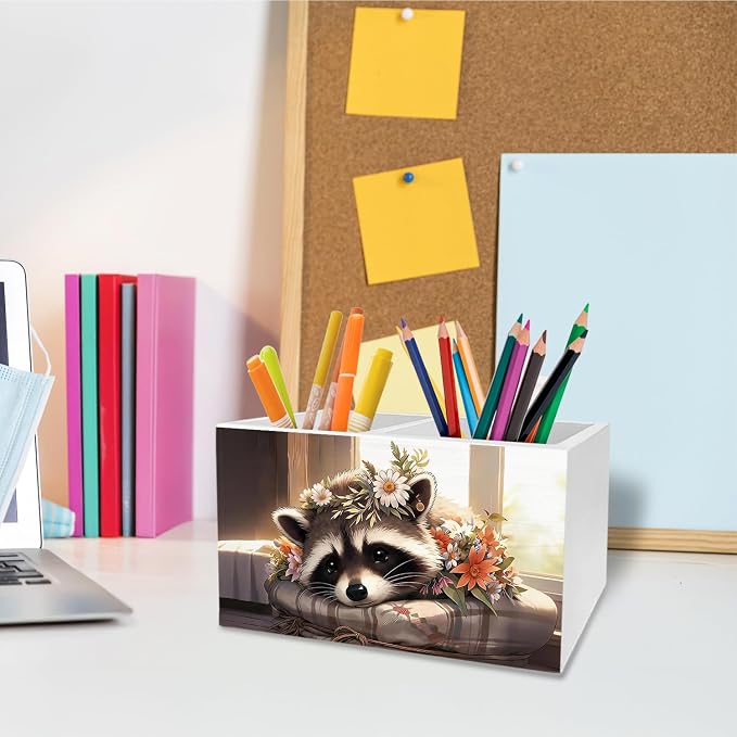 Rustic Raccoon Pen Holder for Desk, Gifts for Raccoon Lovers Pencil Organizer, Farmhouse Floral Trash Panda Wooden Box Sign Desk Decor for Home Office Decoration