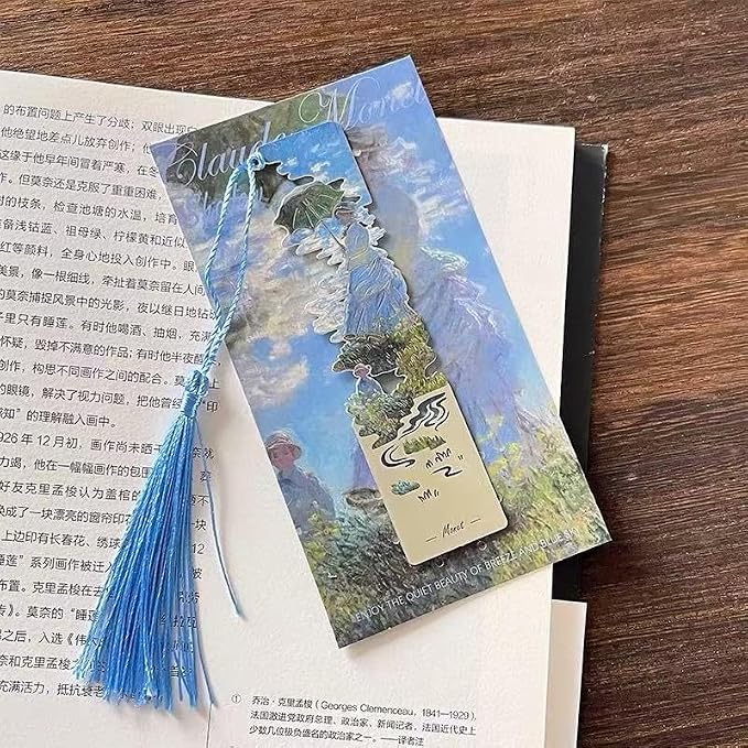Metal Bookmarks with Tassel, Sliver Hollow Bookmark Monet Oil Painting Theme Bookmarks Art Bookmark for Book Lovers Writers Readers Children Teens Men Women Adults (Woman with Parasol)