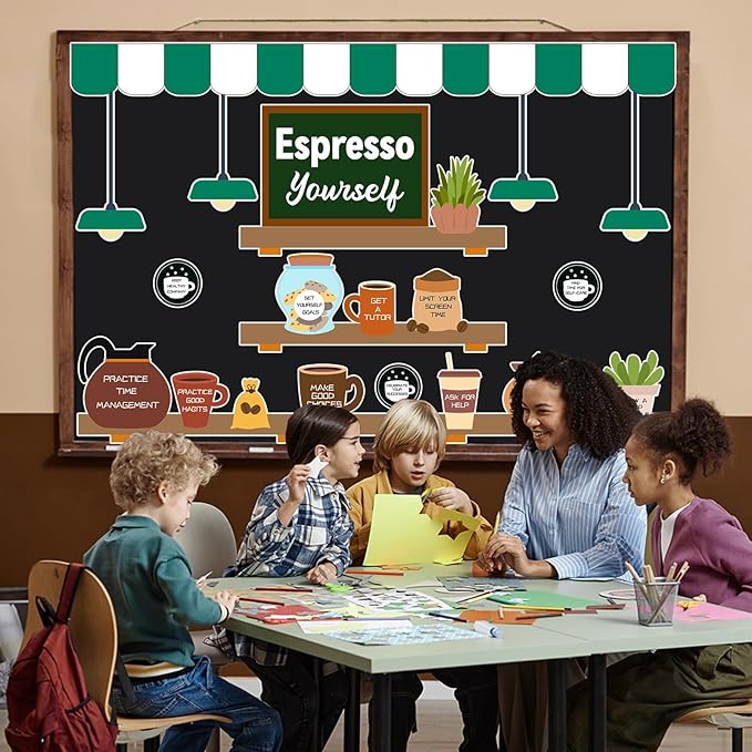 QOUBAI Coffee Bulletin Board Set Mental Health Classroom Bulletin Board Decorations Coffee Shop Motivational Cutouts Classroom Decorations for Back to School Office Home Chalkboard Decor Wall Door