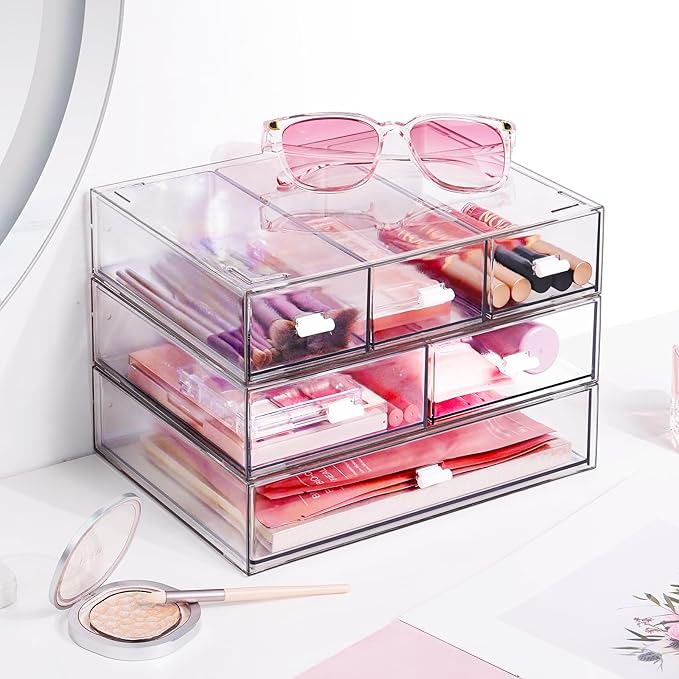 3 Tier Stackable Desk Organizer with 6 Drawers, YOCOMEY Plastic Desktop Storage Box Drawers, Detachable Makeup Storage Office Stationery Supplies Organizer for Office School (All Clear)