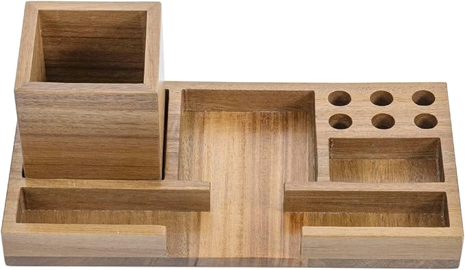MyGift Wood Desk Tray Desk Organizer Office Desktop Pen Holder Sticky Note Holder Acacia Solid Wood Storage Tray