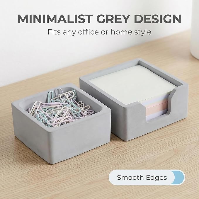 Concrete Desk Organizer Set of 2 - Minimalist Sticky Note Holder & Paper Clip Dispenser - Heavy Duty Office Desk Accessories with Non-Slip Base for Home Workspace Organizer & Desk Decor, Gray