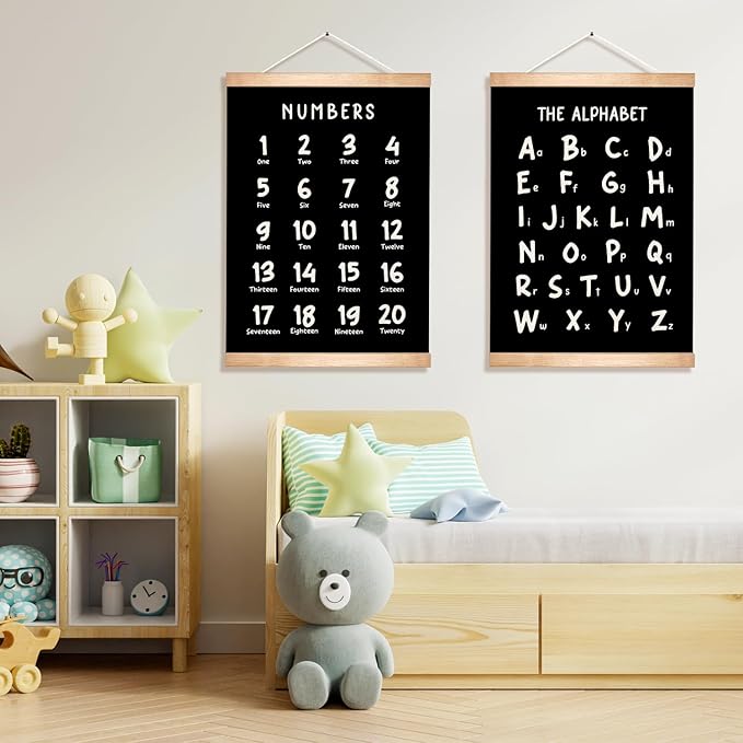 Alphabet and Numbers Educational Chart Set of 2 for Classroom Decor,Colorful Educational Poster for Toddlers 1-3,Toddler Learning Poster for Ages 3-5 for Nursery Playroom,Classroom Must Haves (Black)