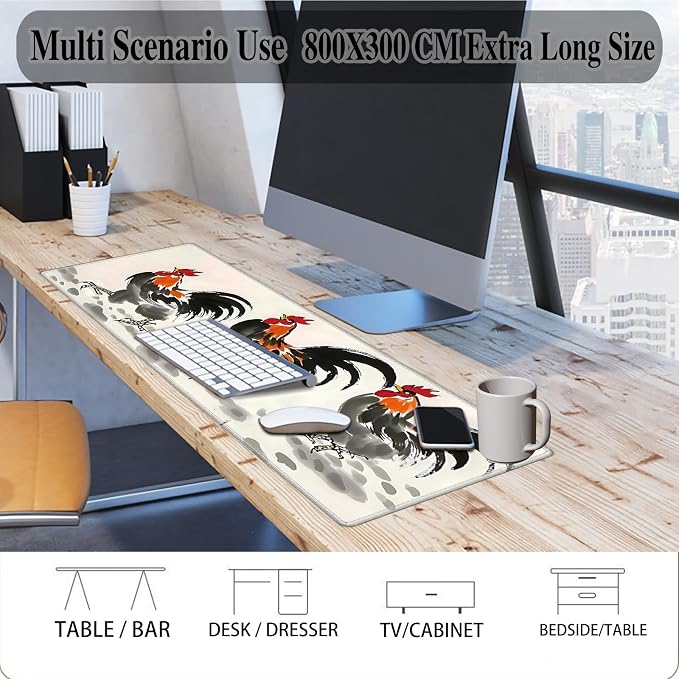 Mouse Pad Gaming Mousepad 31.5x11.8 Inch XXL Large + Coasters,Desk Mat with Stitched Edges, Non-Slip Rubber Base, Thick Mouse Pad for Computer, Laptop, Office & Home - Watercolor Chicken