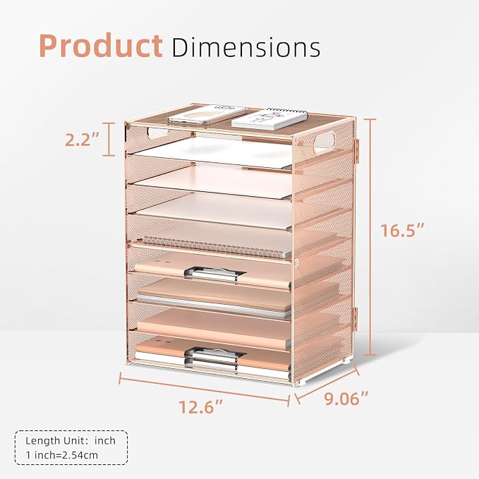 DALTACK 9-Tier Paper Organizer for Desk, Mesh Letter Tray Desk Organizer with Handles, Space-Saving File Organizer for Office Home School, Gold Rose