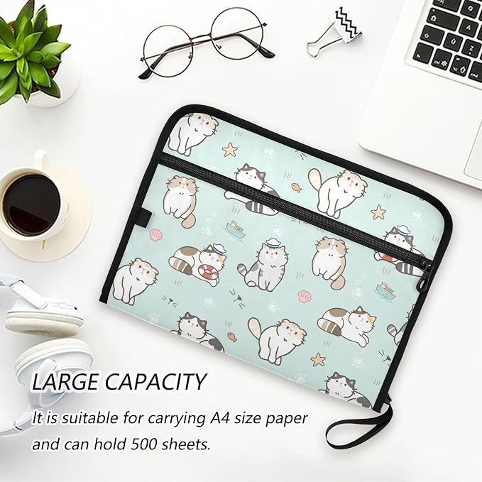Cute Cats Green Expanding Accordion File Folder with 13 Pockets and Zipper Closure