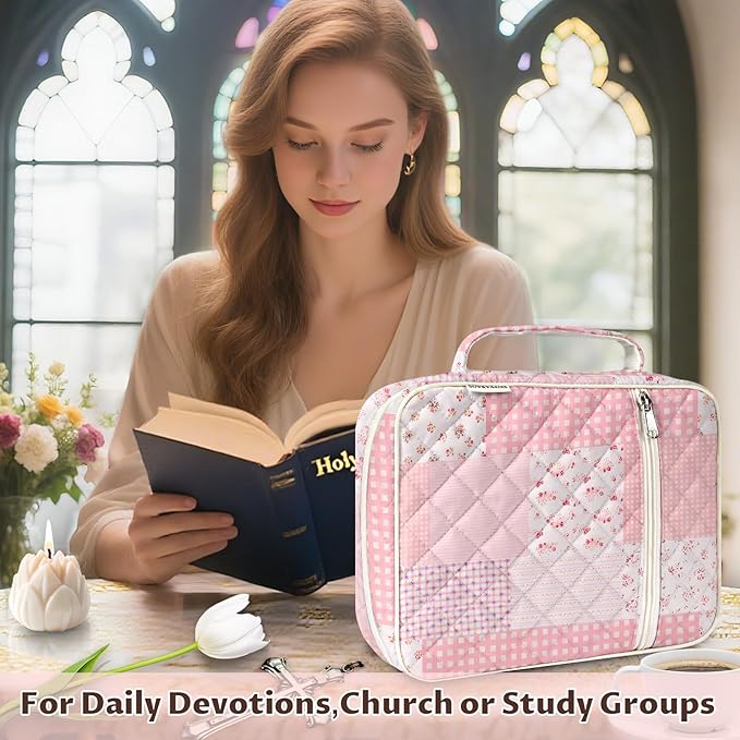 shirabags Quilted Bible Cover Case for Women - Elegant Cotton Bible Bag for Study, Church, Christian Gifts for Women (Pink Floral Patchwork, L)