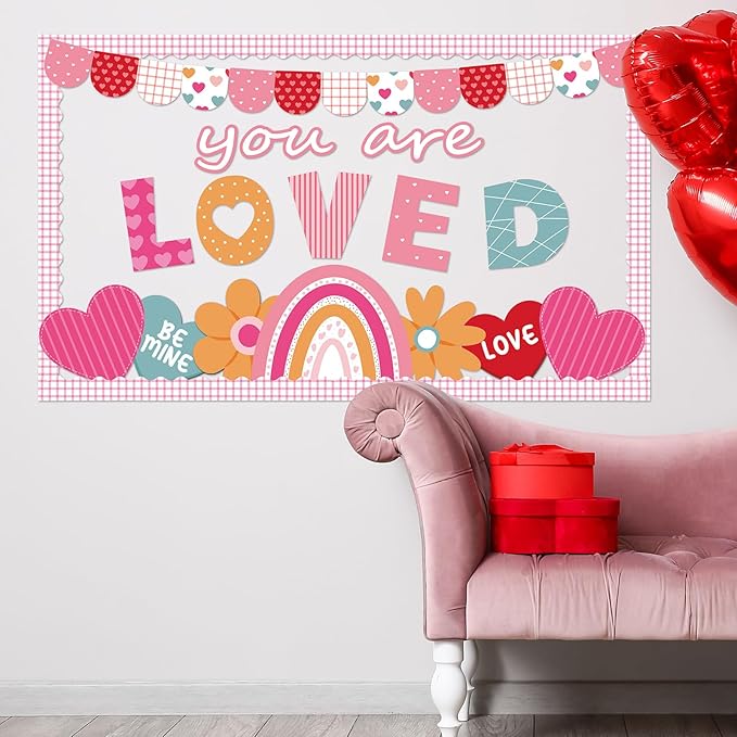 Valentine's Day Bulletin Board Set Valentines Classroom Decoration You are Loved Bulletin Board Borders Valentine's Day Rainbow Loved Heart Cutouts for Holiday School Office Chalkboard Wall Door Decor