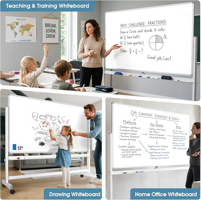 MaxGear Big Mobile Whiteboard, 72x40 Double Sided Magnetic Dry Erase Board with Stand, Height Adjustable Rolling Whiteboard for Home, School & Office, Heavy-Duty Aluminum Frame & Reinforced Packaging