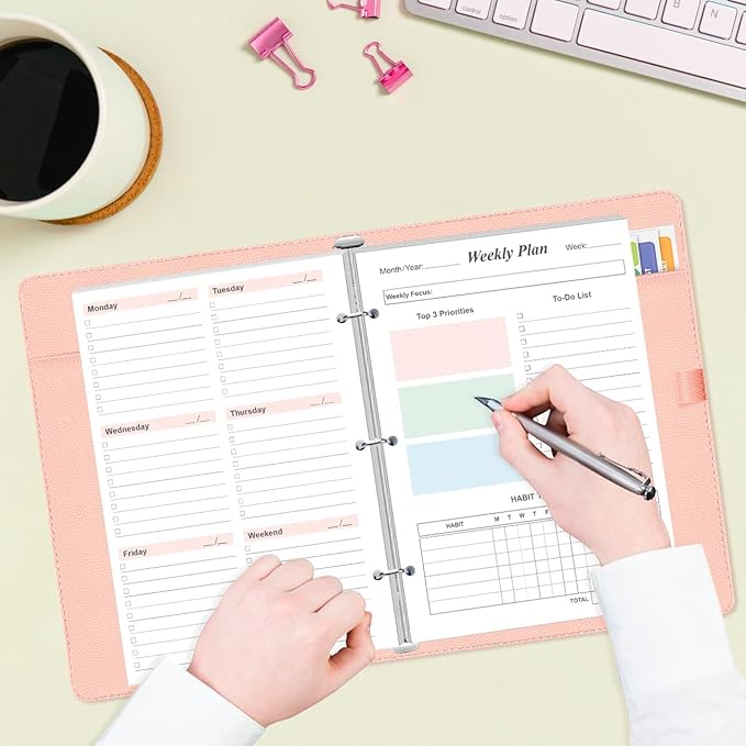 Half Letter Size Weekly Planner Refills for 3 Ring Mini Binders - 53 Sheets/106 Pages Undated Colorful Weekly Planner, 100 gsm White Paper, Lasts 1 Year, Undated, 5.8" x 8.3"