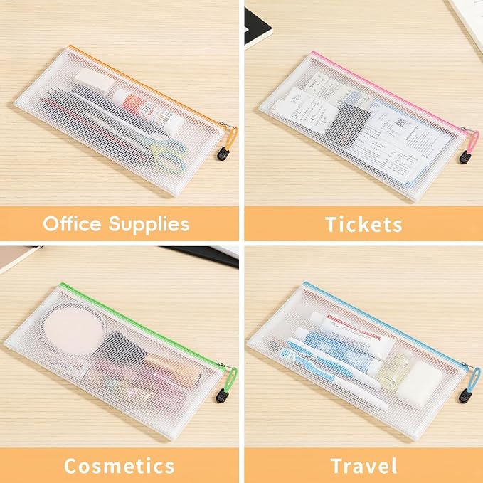 EVERECO 60pcs Small Zipper Pouch, 9.3 x 4.5 Inches PVC Mesh Zipper Pouches in 15 Colors, Bill Size Waterproof Pouches for Organizing, Board Game Storage, Office Supplies and Travel