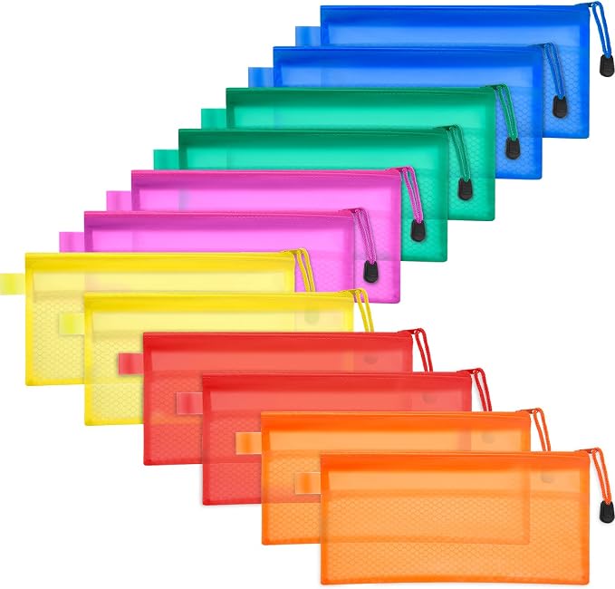 Bememo 12 Pcs Mesh Zipper Pouch Bags Pencil Pouch Zipper File Bags Waterproof Plastic Double Layer for Pen Cosmetics Office Supplies Travel Accessories 6 Colors