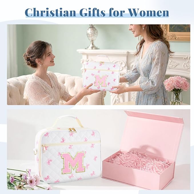 Personalized Initial Bible Cover Case for Women, Large Quilted Bible Bag with Durable Handle, Stylish Church Bag Journaling Kit with Study Supplies Accessories, Christians Gifts for Women (Pink-M)