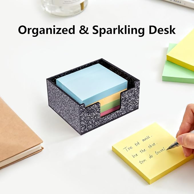 Black Sparkling Sticky Note Holder, Glitter Acrylic Organizer, 3.94 x 3.94 in Multi-Use Tray for Office, School & Home Desk