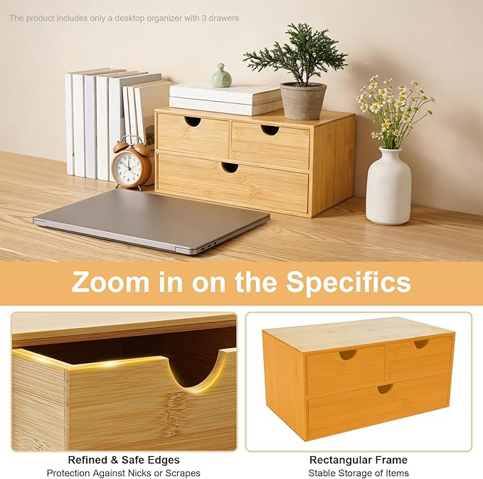 Desk Organizer, Office Vanity Bamboo Desk Organizer, Mini Bamboo Desk Drawer Tabletop Storage Box with 3 Drawer Night Stand Table Organizer for Makeup Vanity Office Supplies (3 Drawer, 2 Top+1 Bottom)