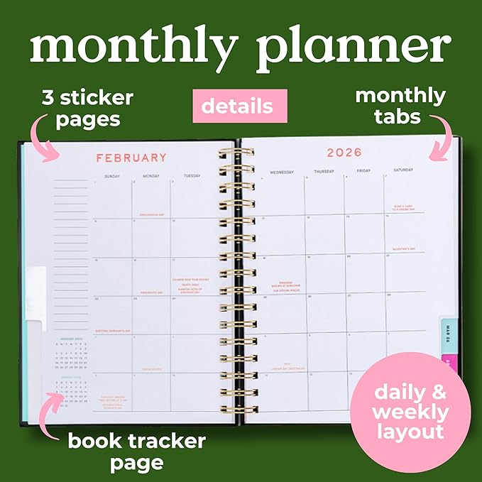 ban.do 12-Month Medium Daily and Weekly Planner Dated January 2026 - December 2026, Hard Cover Self Care Journal, Spiral Agenda with Monthly Calendar, Stickers, Art & Bonus Pages (Thrilled to Be Here)