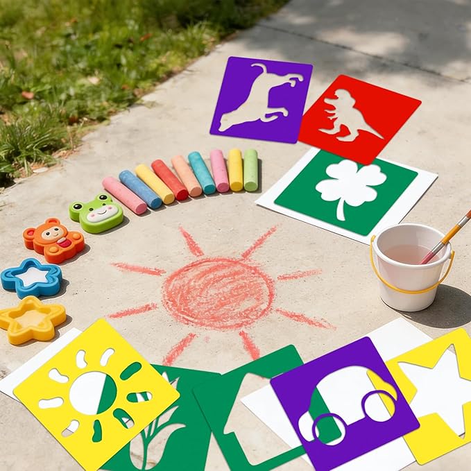 24 PCS Drawing Stencils, 8 Inch Large Drawing Stencils Chalk Template, Washable Reusable Outdoor Garden Themed Primary Shape Template Kit for Learning Painting DIY Crafts
