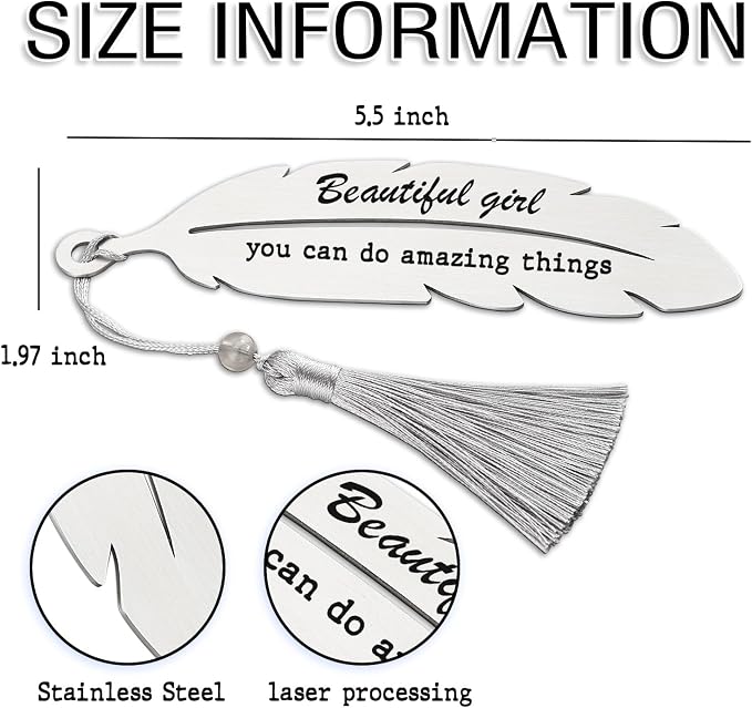 Beautiful Girl You Can Do Amazing Things, Motivational Bookmark Gifts for Grils Daughter, Amazing Gifts for Teen Girls, Reading Gifts, Positive Gift for Sister, Metal Feather Bookmark VBK214, Silver