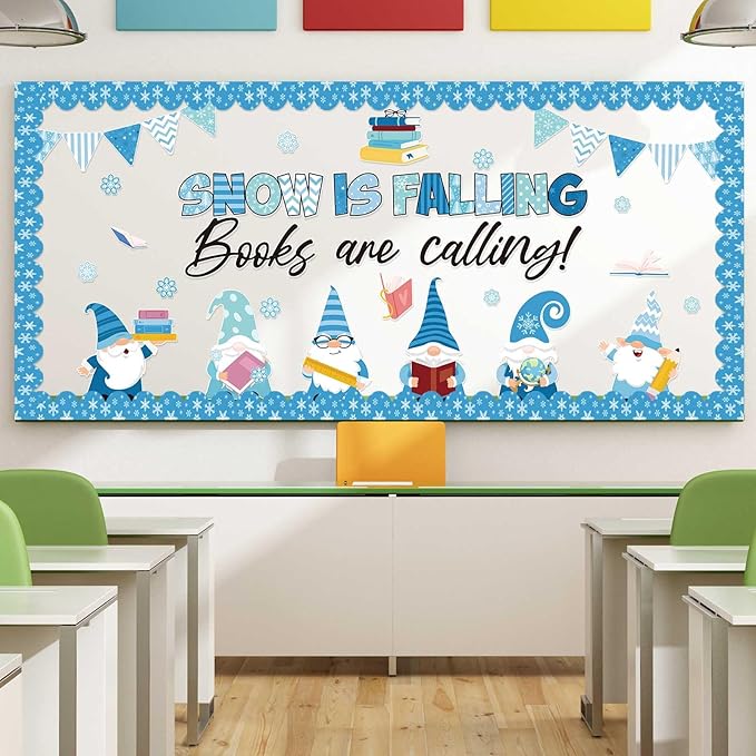Pasimy Winter Bulletin Board Decorations Gnome Reading Classroom Decor January Bulletin Board Set Snow is Falling Books are Calling Snowflake Cutouts for Kindergarten Office Library Wall Door Display