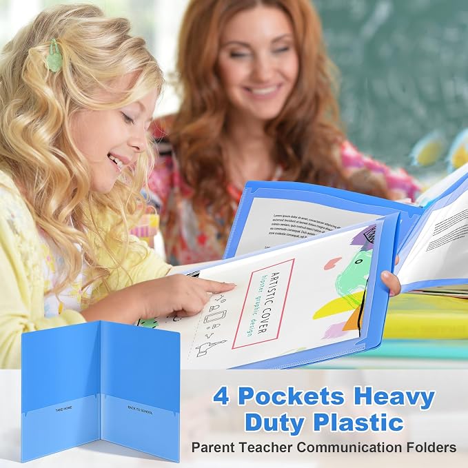 Henoyso 48 Pcs Take Home Folder Heavy Duty 2 Clear Front Pockets and 2 Inside Pockets Homework Folders for School Students Parent Teacher Classroom Communication (Blue)