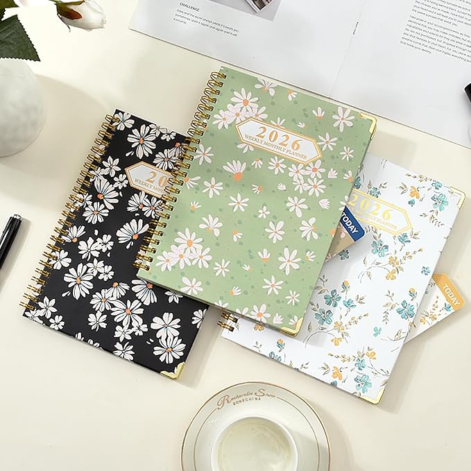 2026 Monthly Planner, Jan.2026 - Dec.2026 Weekly Monthly Planner 6.25"x8.5" with Page Tabs, Calendar Hardcover with Inner Pocket, Elastic Band, Twin-Wire Binding, Bookmark, Green Daisy