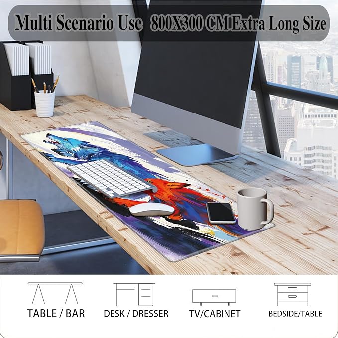 Mouse Pad Gaming Mousepad 31.5x11.8 Inch XXL Large + Coasters,Desk Mat with Stitched Edges, Non-Slip Rubber Base, Thick Mouse Pad for Computer, Laptop, Office & Home - Watercolor Wolf