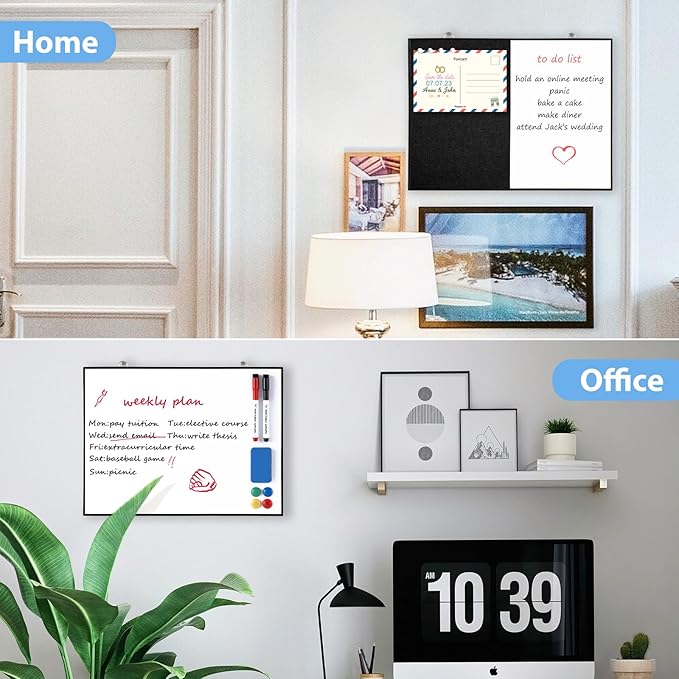 ARCOBIS Dry Erase Linen Board, 12"X16" Small Cork Board White Board Combination, Double-Sided Magnetic Bulletin Board for Wall, Vision Board for Home, Office, School, Black