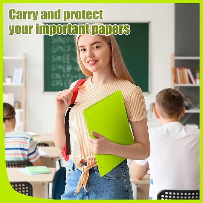 Yeaqee 50 Pcs Plastic Folders with Pockets Bulk 3 Hole Punched 2 Pocket File Folders for 3 Ring Binder Divider Folder for Notebooks, Durable Poly for Office Home (Fluorescent Green)