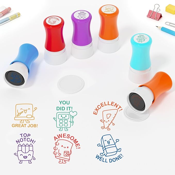 6-Piece Set of Teacher Stamps - Stationery Cute Motivational Scoring for Grading Teacher Stamp Self Inking Stamp Behavior Stamps for Teachers Grading (Big Handle)