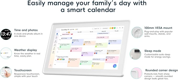 15.6 Inch Digital Family Calendar Organizer, Wall-Mountable and Tabletop Design, Smart Schedule Planner with Photo Frame Function, Grey