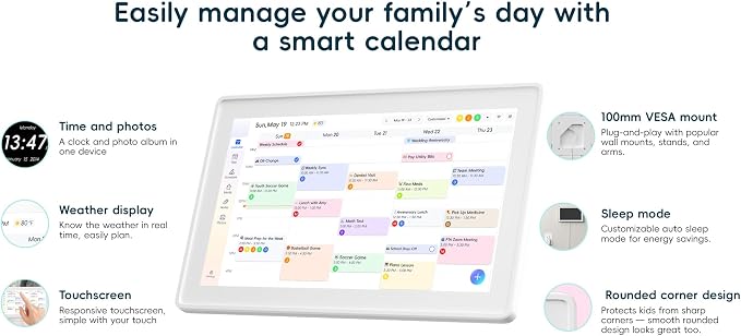15.6 Inch Digital Family Calendar Organizer, Wall-Mountable and Tabletop Design, All-in-One Schedule Planner with Photo Frame, Blue