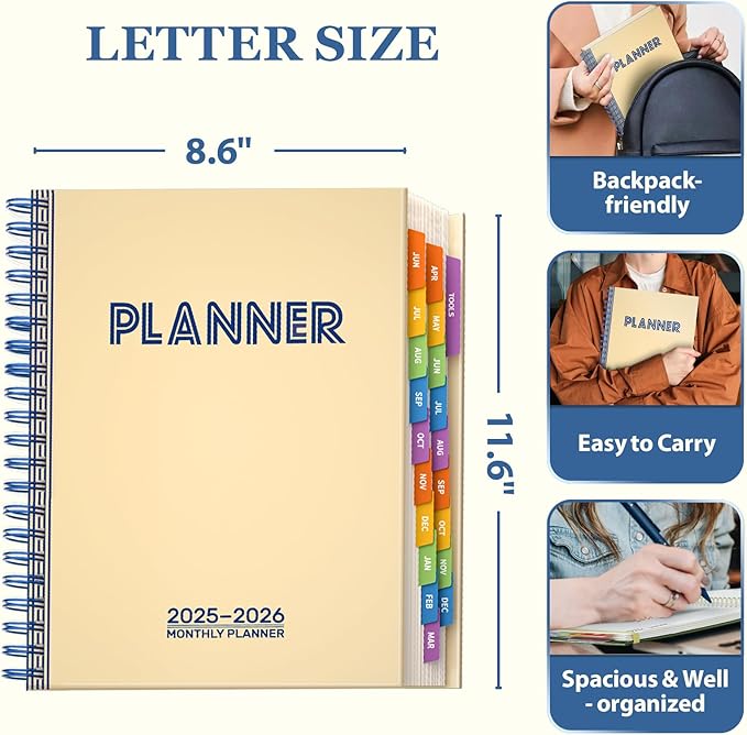 19 Months Planner, 2026 Weekly & Monthly Planner, 8.5"×11" Daily Weekly Monthly Calendar Planner, June 2025-Dec 2026 Organizers with Habit Tracker for School & Office, Colored Tabs, Stickers, Pocket, Ruler Bookmark-Beige