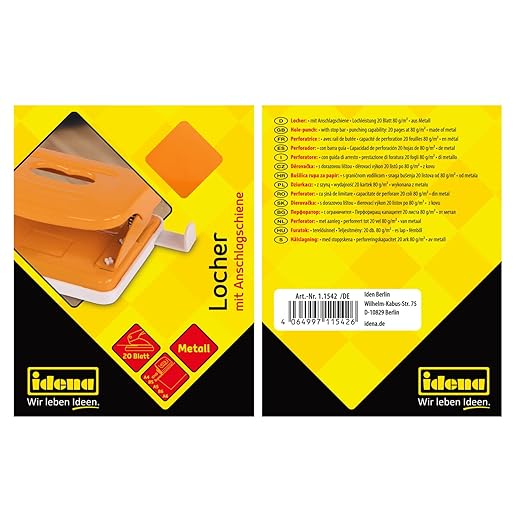 Idena 11542 Metal Hole Punch Stop Rail with Format Display, Orange, for 20 Sheets, Pack of 1