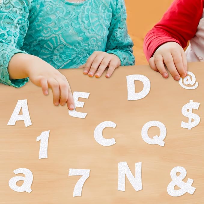 Colarr 216 Pcs Glitter Bulletin Board Letters for Classroom Number Alphabet Punctuation Symbol Cutout 4'' Die-Cut Poster Letter with Adhesive Dot School Party Holiday Decor Display(Iridescence White)